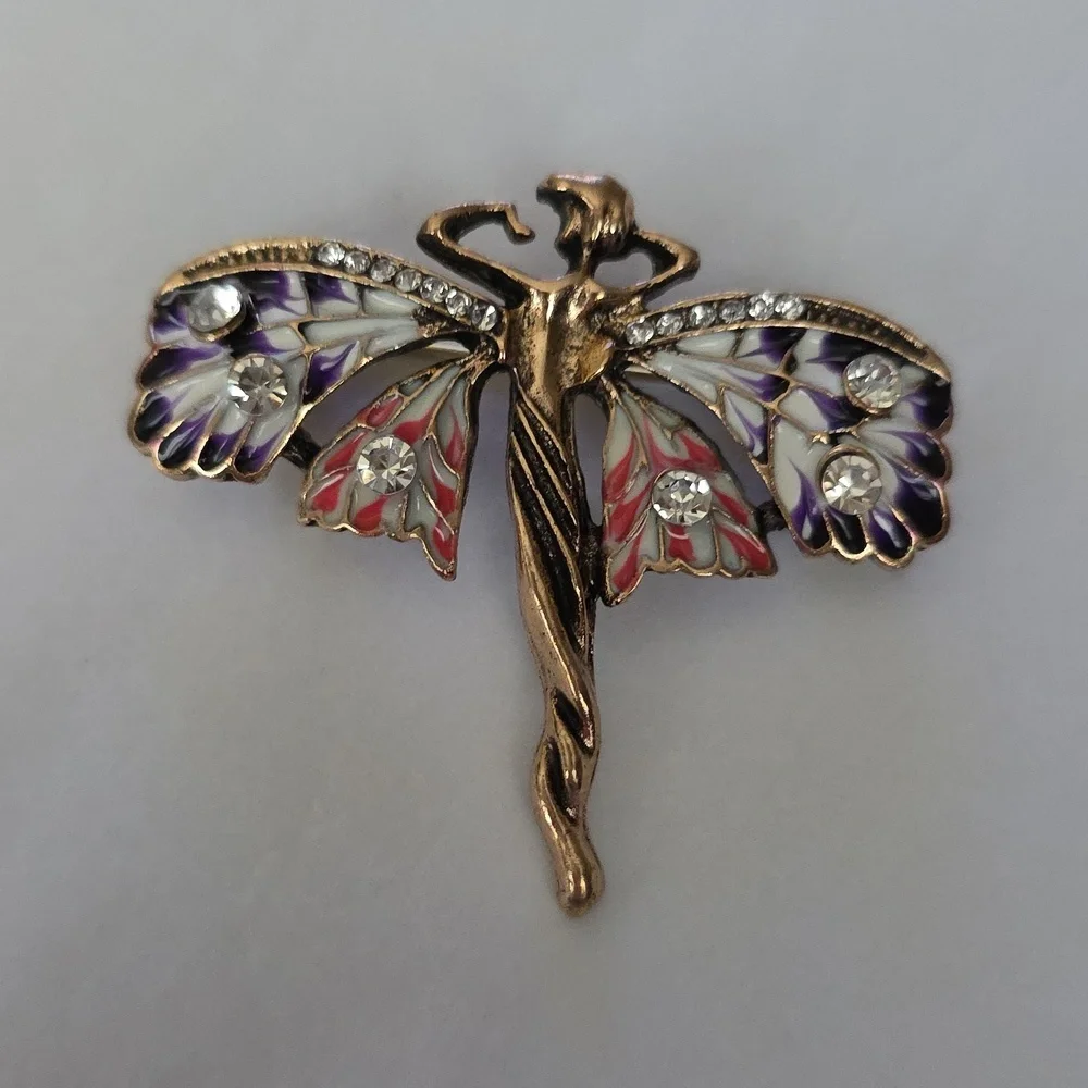 Fairy Brooch Beautiful WINGS Antique Gold Enamel Colors Necklace Combo